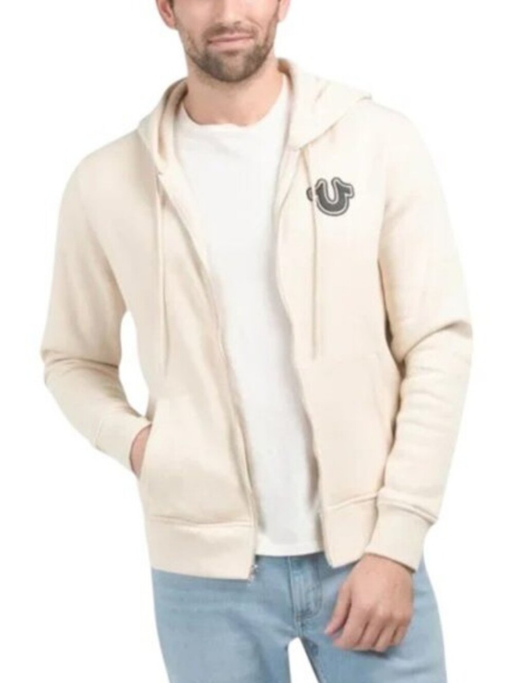 True Religion Cream Pullover Hoodie with Blue Logo Graphic